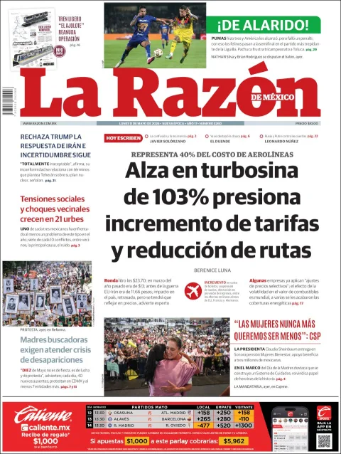 Portada de La Razon del lunes, 11 de mayo de 2026