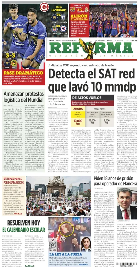 Portada de Reforma del lunes, 11 de mayo de 2026
