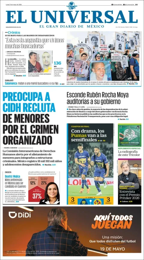 Portada de El Universal del lunes, 11 de mayo de 2026