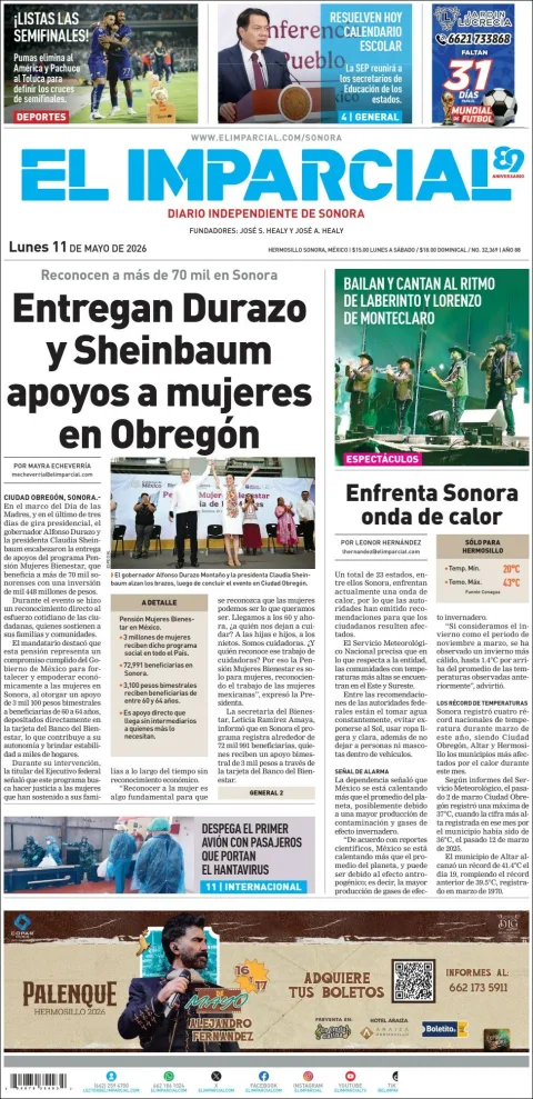 Portada de El Imparcial del lunes, 11 de mayo de 2026