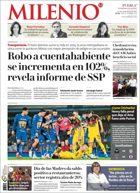 Portada de Milenio Puebla del lunes, 11 de mayo de 2026