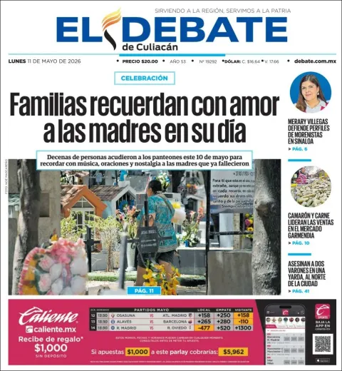 Portada de El Debate de Culiacan del lunes, 11 de mayo de 2026