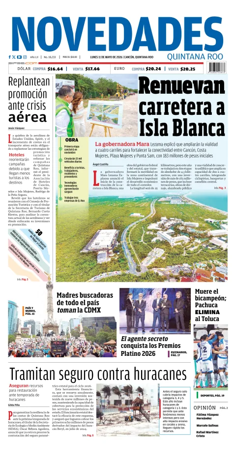 Portada de Novedades Quintana Roo del lunes, 11 de mayo de 2026