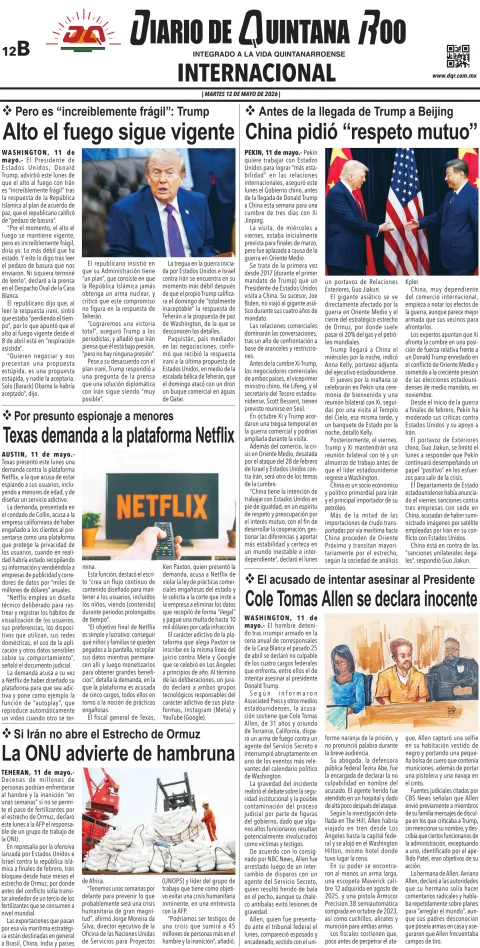 Portada de Diario de Quintana Roo (contra Portada) del 2026-05-12