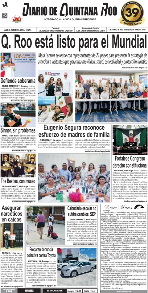 Portada de Diario de Quintana Roo (portada) del 2026-05-12