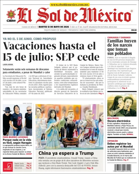 Portada de El Sol de Mexico del martes, 12 de mayo de 2026