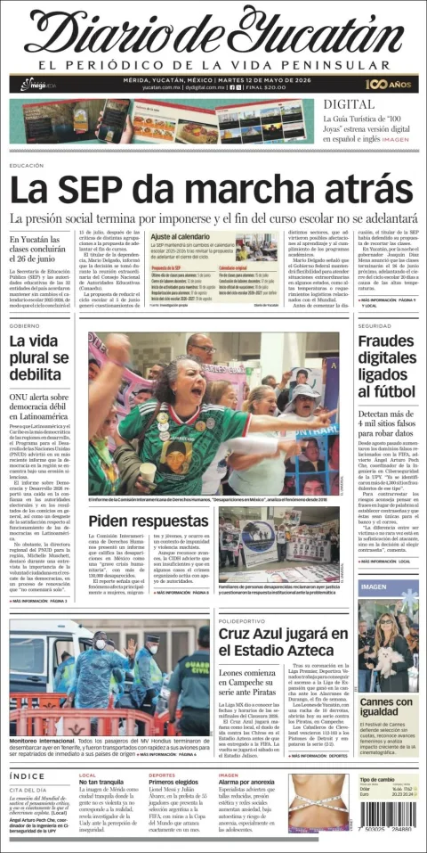 Portada de Diario de Yucatán del martes, 12 de mayo de 2026