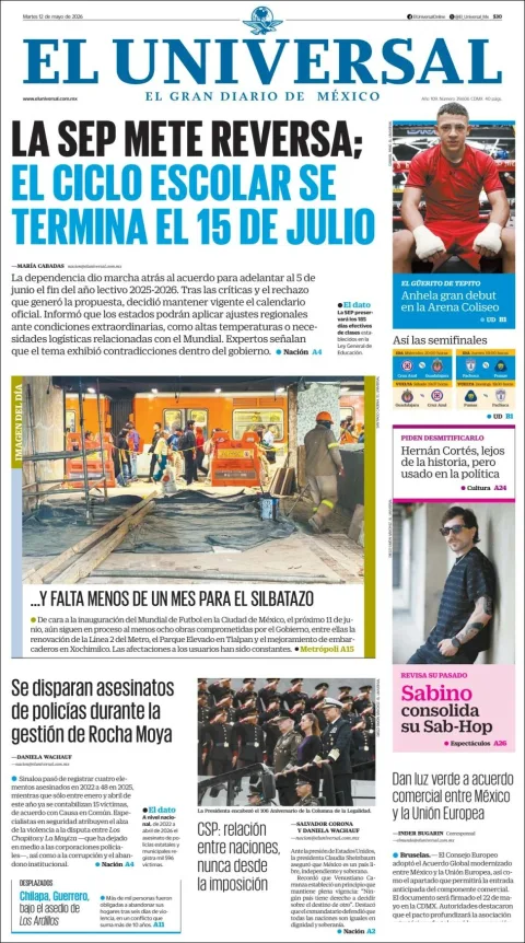 Portada de El Universal del martes, 12 de mayo de 2026