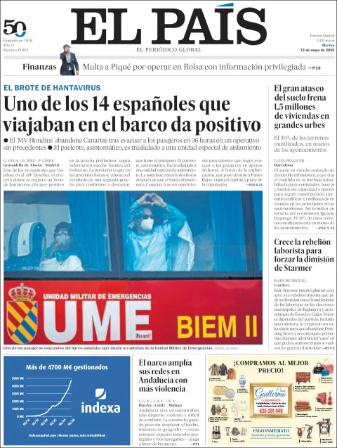 Portada de El Pais del martes, 12 de mayo de 2026