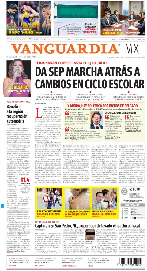 Portada de Vanguardia del martes, 12 de mayo de 2026