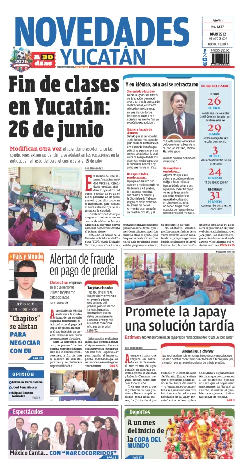 Portada de Novedades Yucatan del martes, 12 de mayo de 2026