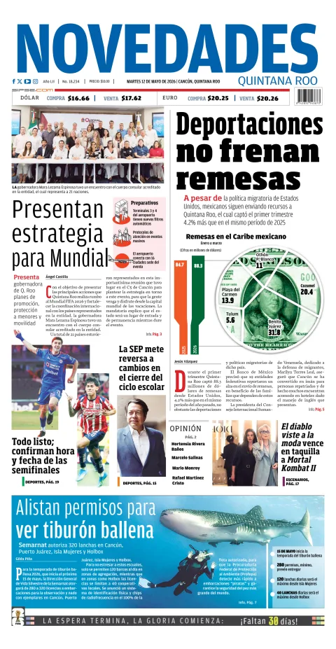 Portada de Novedades Quintana Roo del martes, 12 de mayo de 2026