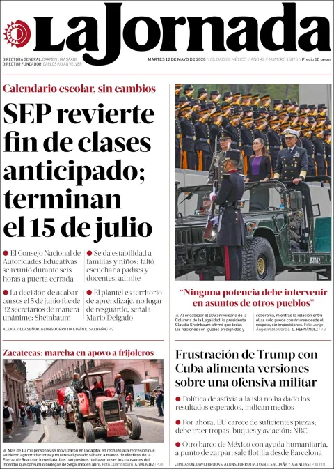 Portada de La Jornada del martes, 12 de mayo de 2026