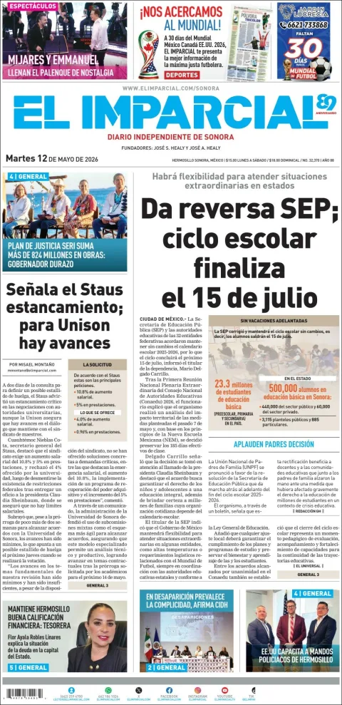 Portada de El Imparcial del martes, 12 de mayo de 2026