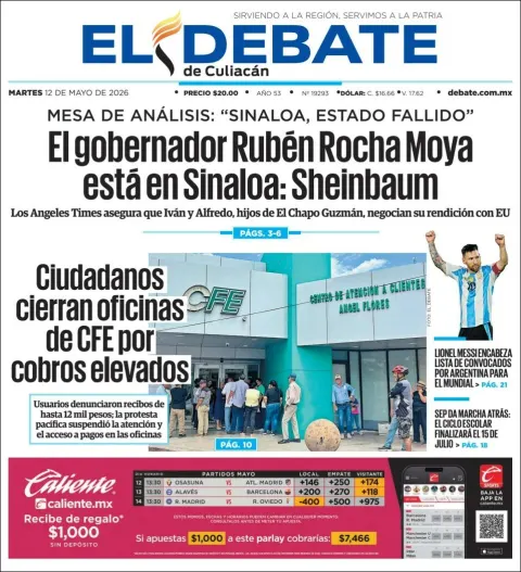 Portada de El Debate de Culiacan del martes, 12 de mayo de 2026