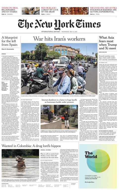 Portada de The New York Times (international) del miércoles, 13 de mayo de 2026