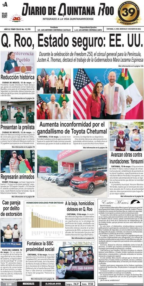 Portada de Diario de Quintana Roo (portada) del 2026-05-13