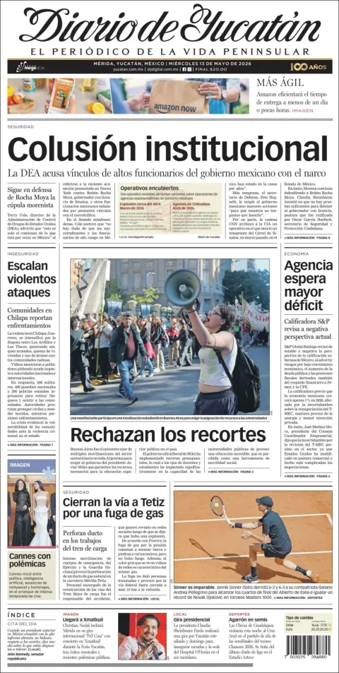 Portada de Diario de Yucatán del miércoles, 13 de mayo de 2026