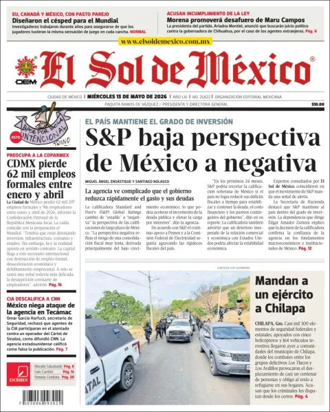 Portada de El Sol de Mexico del miércoles, 13 de mayo de 2026