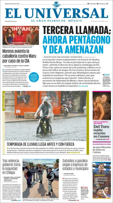 Portada de El Universal del miércoles, 13 de mayo de 2026