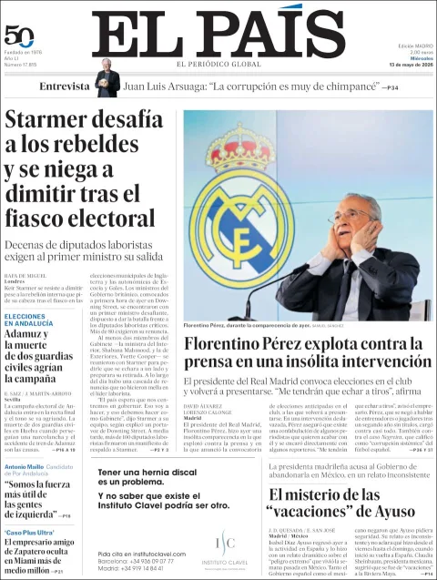 Portada de El Pais del miércoles, 13 de mayo de 2026