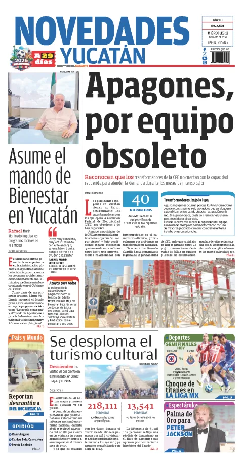 Portada de Novedades Yucatan del miércoles, 13 de mayo de 2026