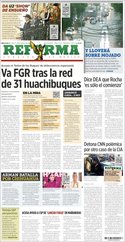 Portada de Reforma del miércoles, 13 de mayo de 2026