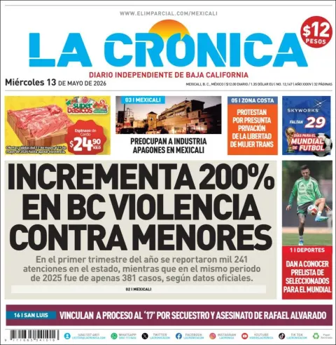 Portada de La Cronica del miércoles, 13 de mayo de 2026