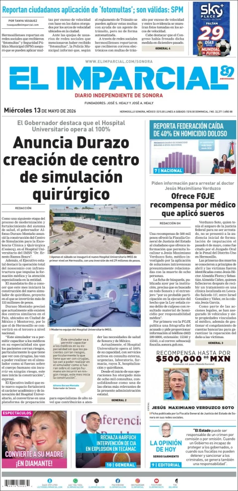 Portada de El Imparcial del miércoles, 13 de mayo de 2026