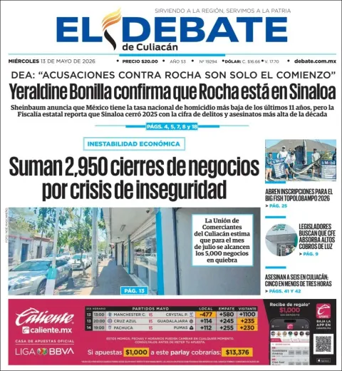 Portada de El Debate de Culiacan del miércoles, 13 de mayo de 2026