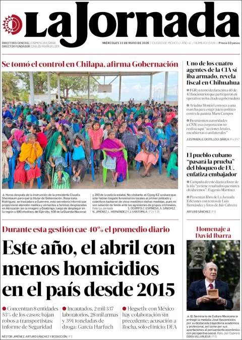 Portada de La Jornada del miércoles, 13 de mayo de 2026