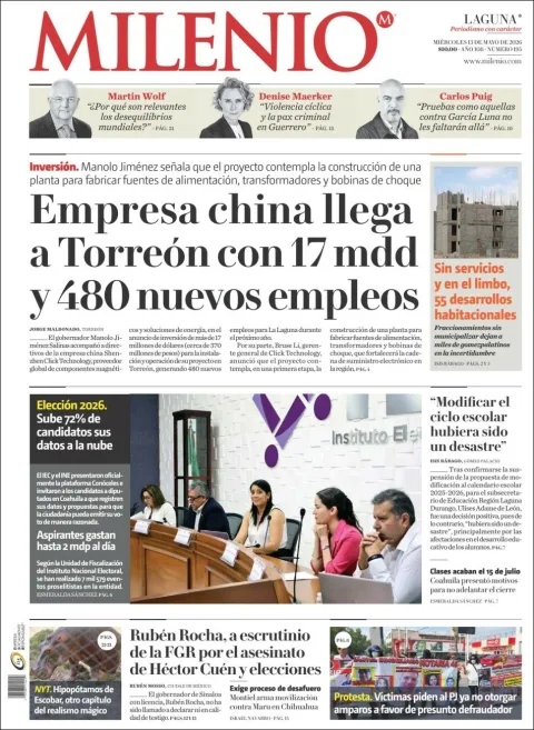 Portada de Milenio Laguna del miércoles, 13 de mayo de 2026