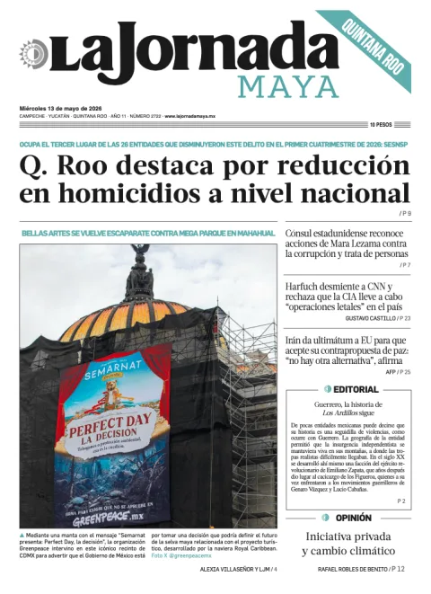 Portada de La Jornada Maya Quintana Roo del miércoles, 13 de mayo de 2026