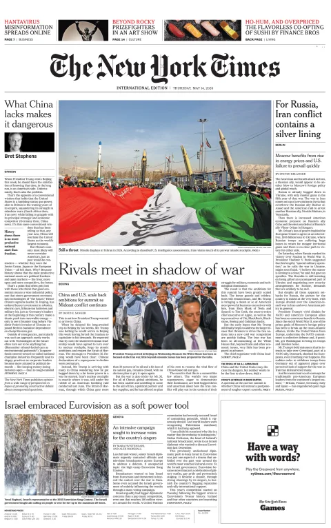 Portada de The New York Times (international) del jueves, 14 de mayo de 2026