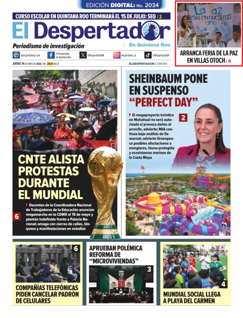Portada de El Despertador de Quintana Roo del jueves, 14 de mayo de 2026