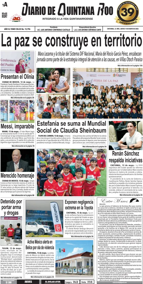 Portada de Diario de Quintana Roo (portada) del 2026-05-14