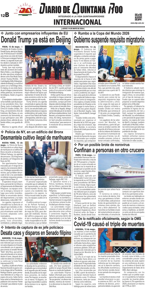 Portada de Diario de Quintana Roo (contra Portada) del 2026-05-14