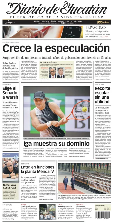 Portada de Diario de Yucatán del jueves, 14 de mayo de 2026