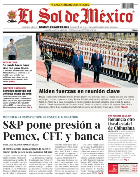 Portada de El Sol de Mexico del jueves, 14 de mayo de 2026