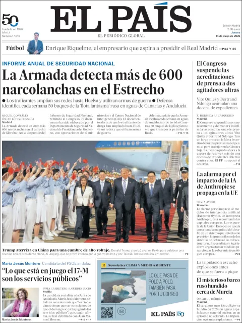 Portada de El Pais del jueves, 14 de mayo de 2026