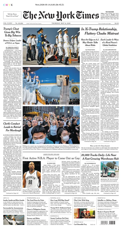 Portada de The New York Times (new York) del jueves, 14 de mayo de 2026
