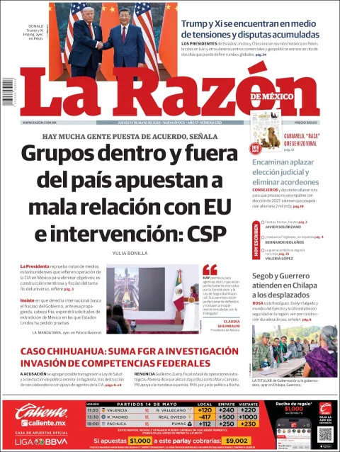 Portada de La Razon del jueves, 14 de mayo de 2026