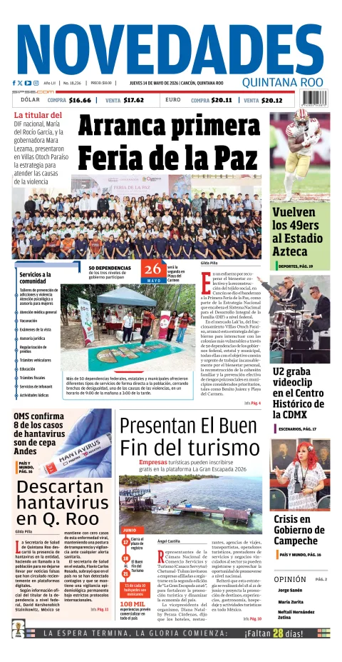 Portada de Novedades Quintana Roo del jueves, 14 de mayo de 2026