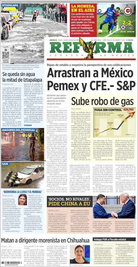 Portada de Reforma del jueves, 14 de mayo de 2026