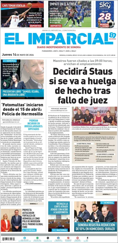 Portada de El Imparcial del jueves, 14 de mayo de 2026