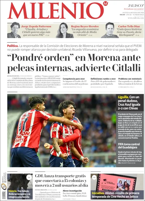 Portada de Milenio Jalisco del jueves, 14 de mayo de 2026