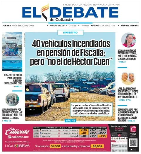 Portada de El Debate de Culiacan del jueves, 14 de mayo de 2026