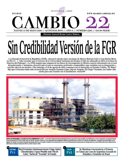 Portada de Diario Cambio 22 (contraportada) del jueves, 14 de mayo de 2026