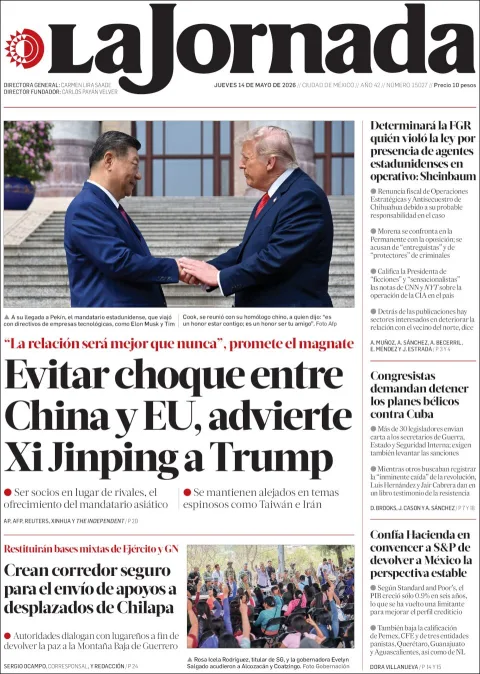 Portada de La Jornada del jueves, 14 de mayo de 2026