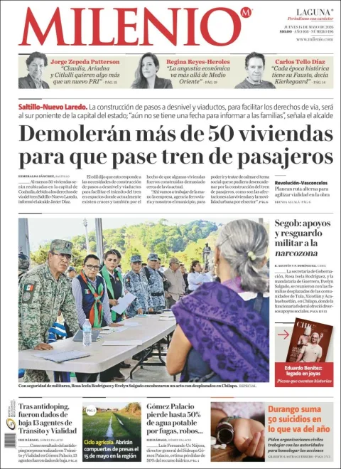 Portada de Milenio Laguna del jueves, 14 de mayo de 2026